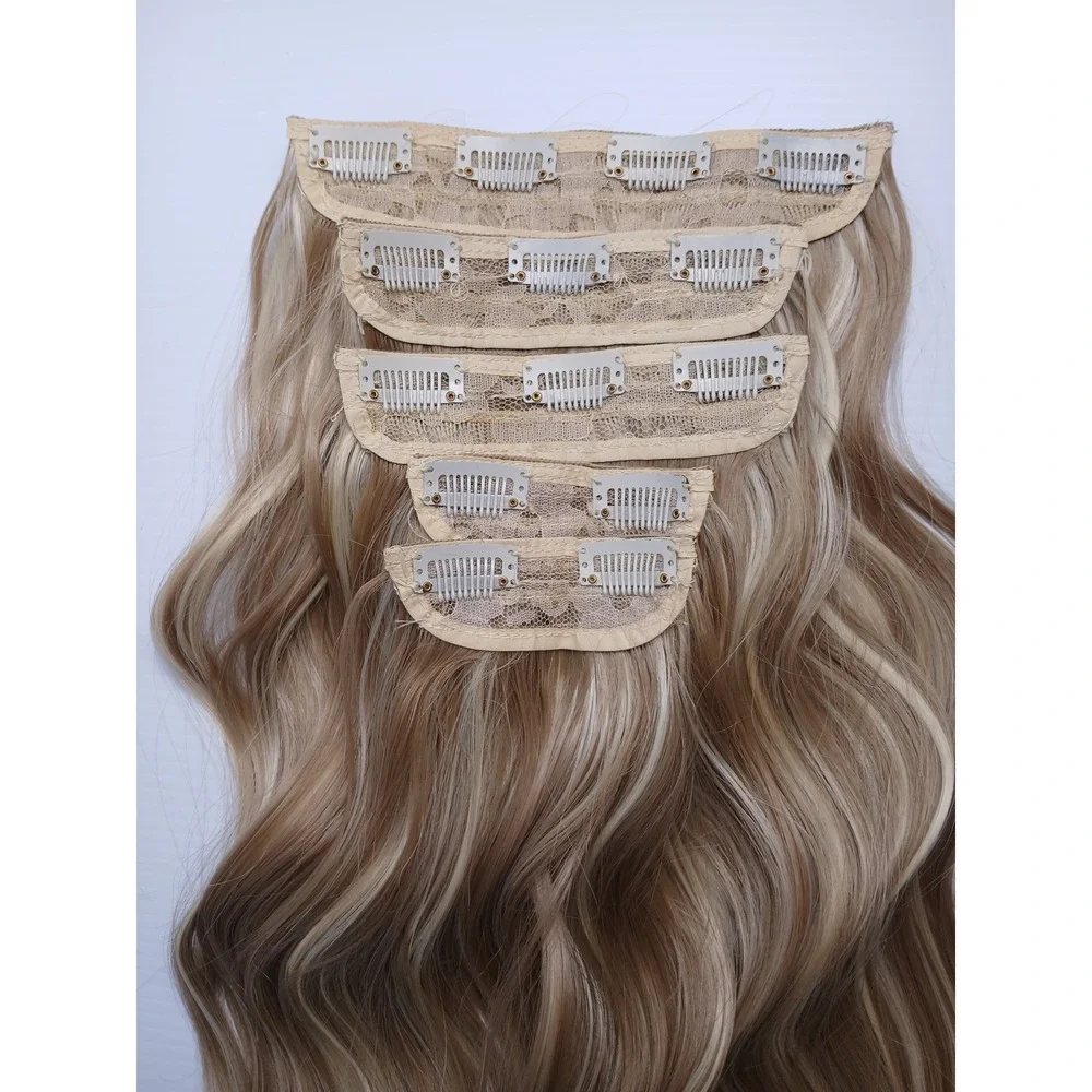 Wavy Ash Blonde Highlighted Clip In Synthetic Hair Extensions 5 Piece Body Wave